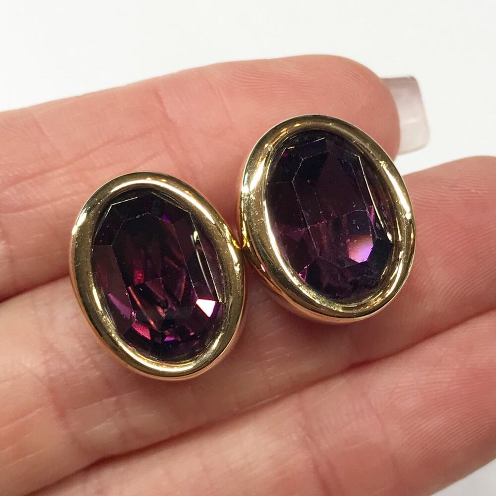 VTG Swarovski Signed S.A.L. Oval Amethyst Crystal Gold T Bezel Set Stud Earrings